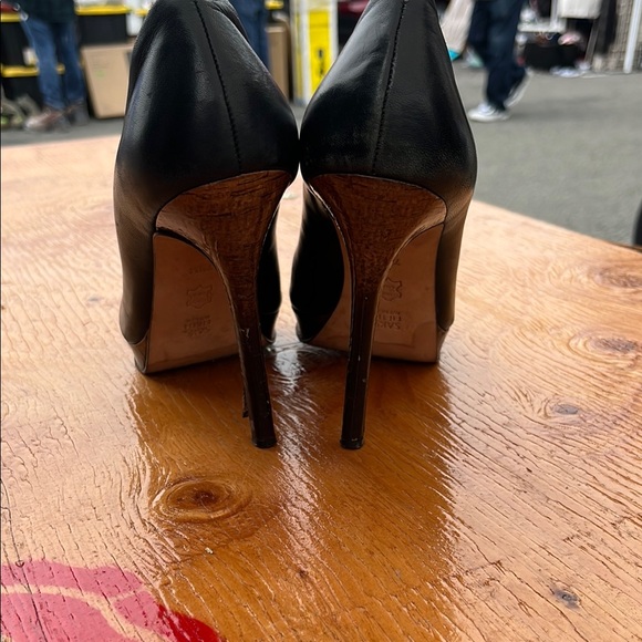Saks Fifth Avenue Black Leather Peep Toe Wooden Stiletto Heels - Picture 3 of 3